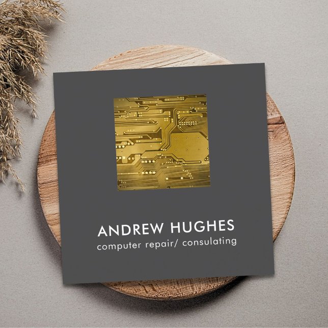 Modern Yellow Circuit Board Computer Consultant Square Business Card (Creator Uploaded)