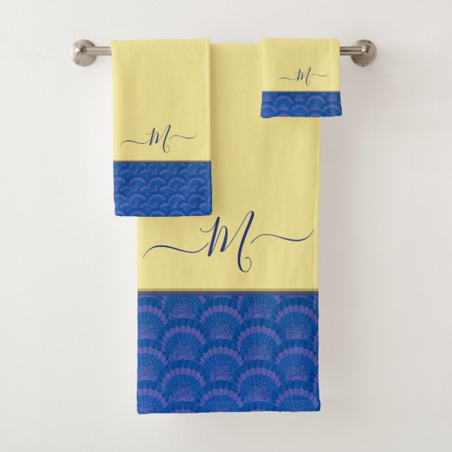 Modern Yellow Coastal Blue Seashell Monogram  Bath Towel Set (Insitu)