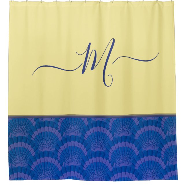 Modern Yellow Coastal Blue Seashell Monogram  Shower Curtain (Front)