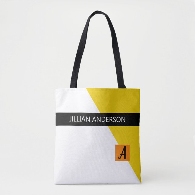 Modern Yellow Colour Blocked Monogrammed Tote Bag (Front)