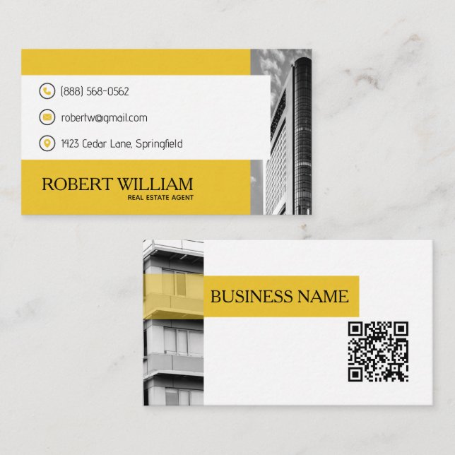 Modern Yellow Condo QR Code Real Estate Agent Business Card (Front/Back)