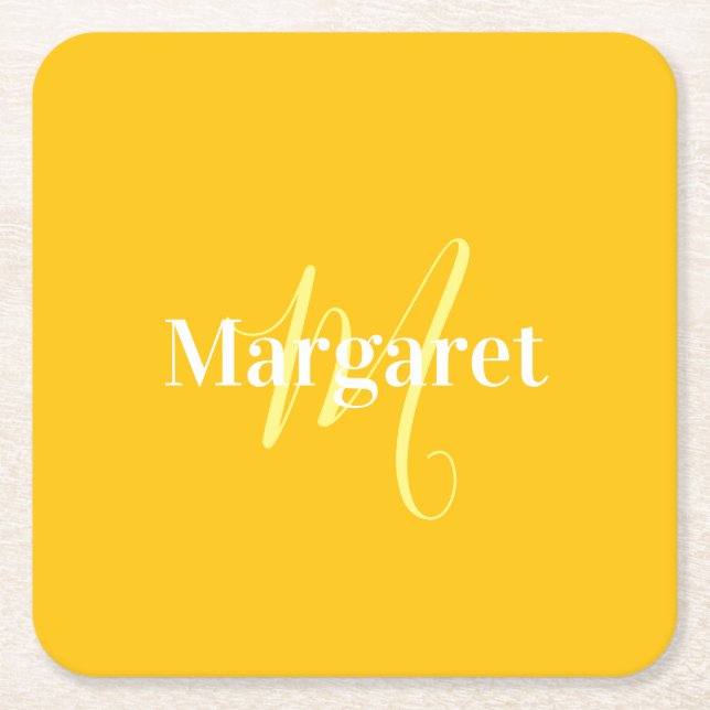 Modern yellow custom name square paper coaster (Front)