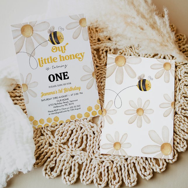 Modern Yellow Daisy Bee Our Honey Birthday  Invitation (Little Honey Bee 1st Birthday Invitation Template, Daisies Honey Bee Birthday Invitation Bumble Bee )