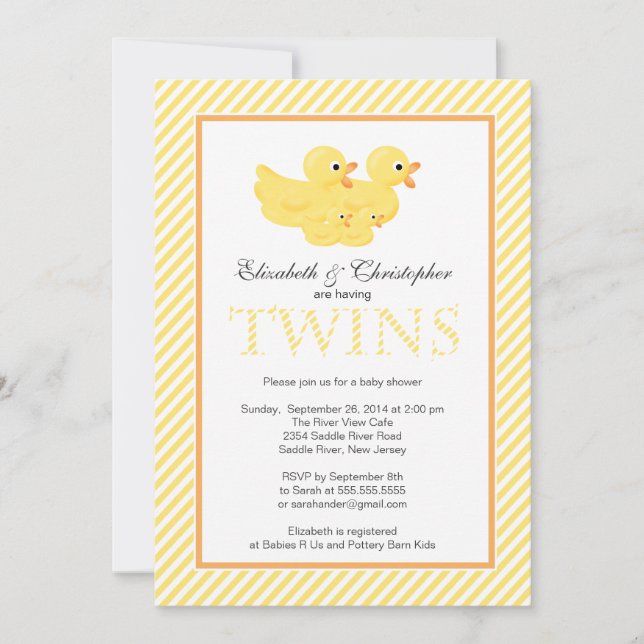 Modern Yellow Ducks Couple Twins Baby Shower Invitation (Front)