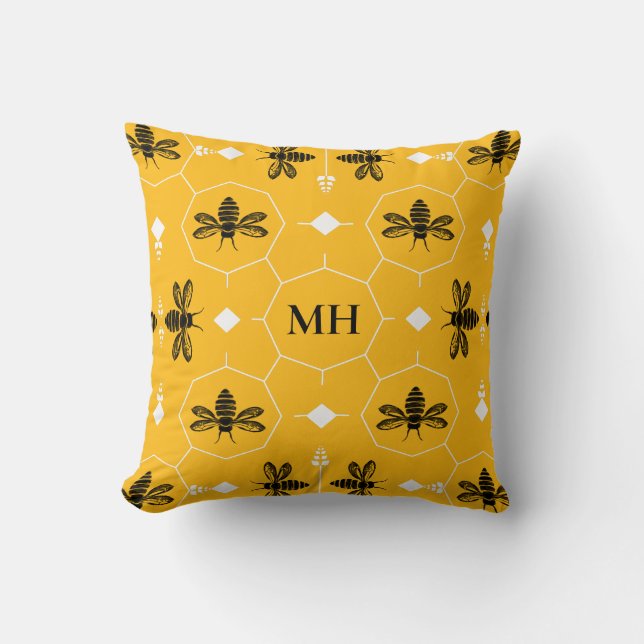 Modern Yellow Elegant Black Bee Pattern Monogram Cushion (Front)