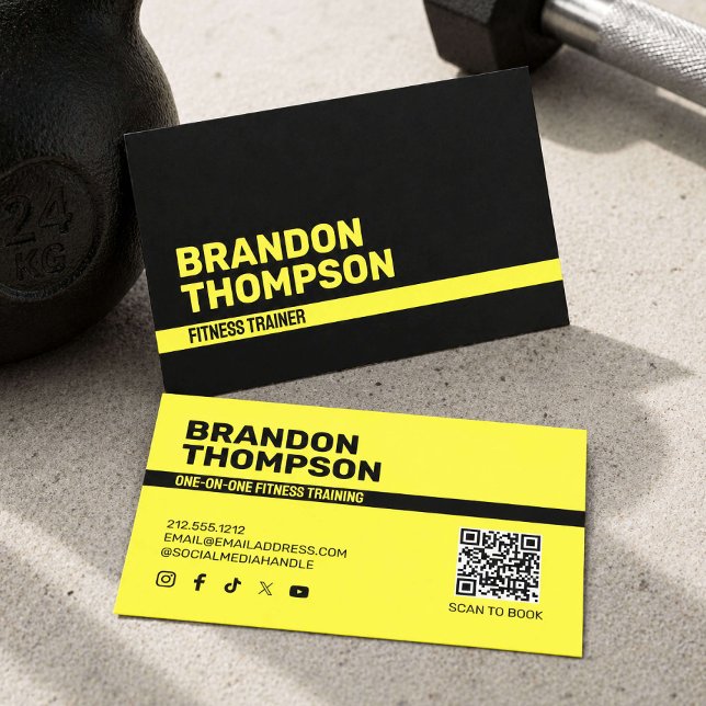 Modern Yellow Fitness Trainer Bold Business Card (Creator Uploaded)