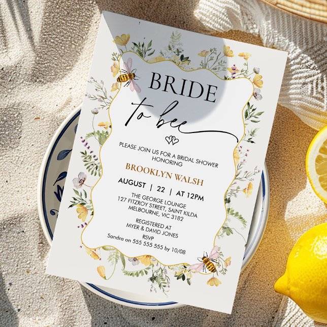 Modern Yellow Floral Bride to Bee Bridal Shower Invitation (Bride To Bee Bridal Shower Invitation Template, Floral Bee Bridal Shower Invitation, Yellow Beige)