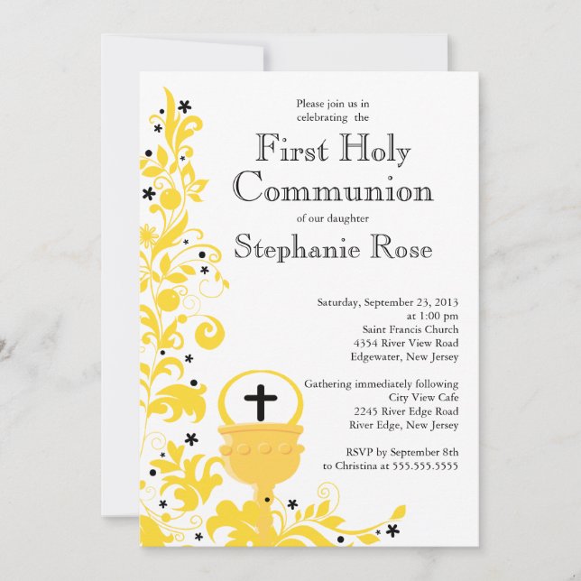 Modern Yellow Floral First Holy Communion Invitation (Front)
