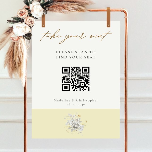 Modern Yellow Floral QR Code Wedding Seating Chart (Creator Uploaded)