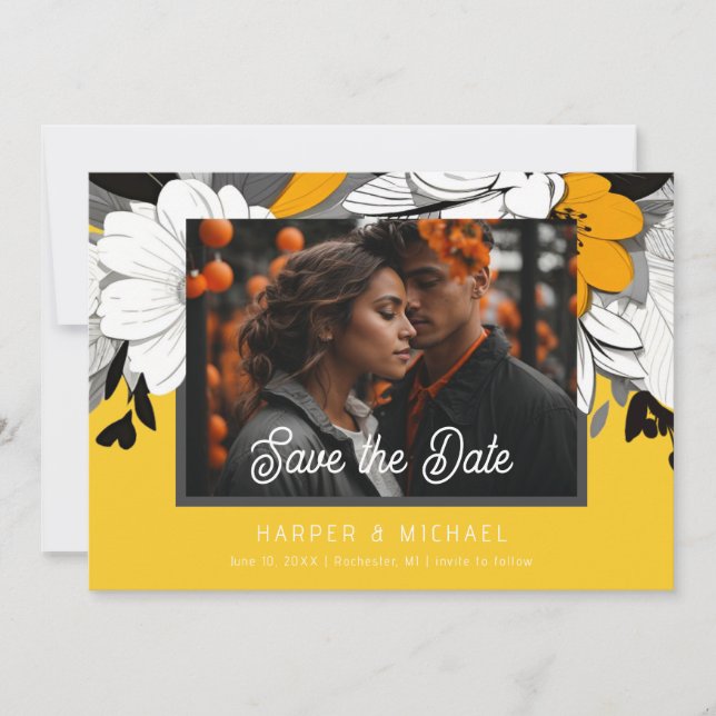 Modern yellow floral wedding photo save the date invitation (Front)