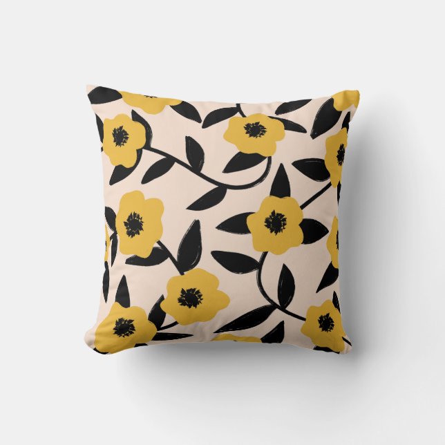 Modern Yellow Flowers Black Leaves Pattern Cushion (Front)