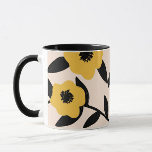 Modern Yellow Flowers Black Leaves Pattern Mug