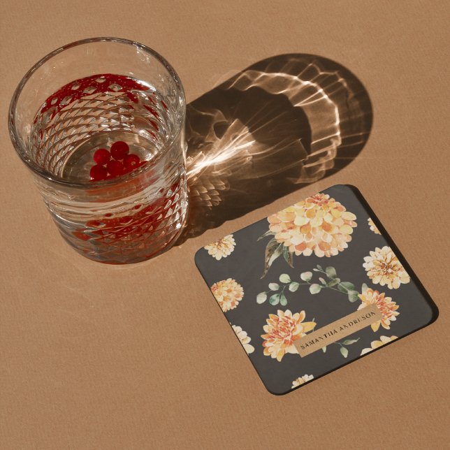 Modern Yellow Flowers & Kraft Personalised Gift Square Paper Coaster (Creator Uploaded)