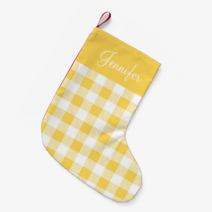 Modern Yellow Gingham Plaid Pattern Name Small Christmas Stocking