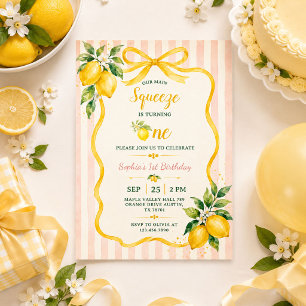 Modern Yellow Girls Our Main Squeeze 1st Birthday Invitation