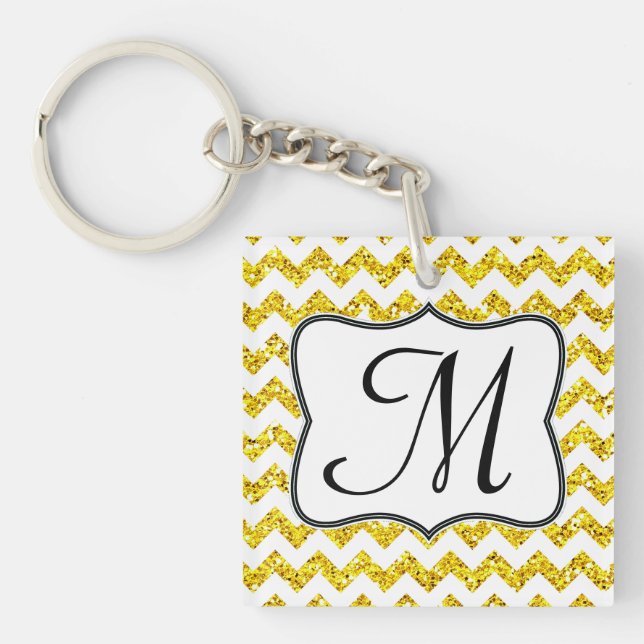 Modern Yellow Glitter Chevron Zig Zag Key Chain (Front)