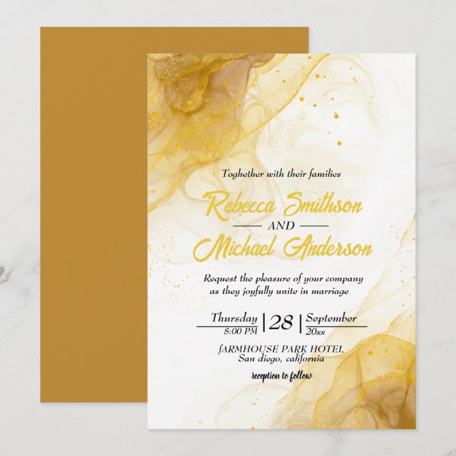 Modern Yellow Gold Agate Marble Glitter Wedding  Invitation (Front/Back)