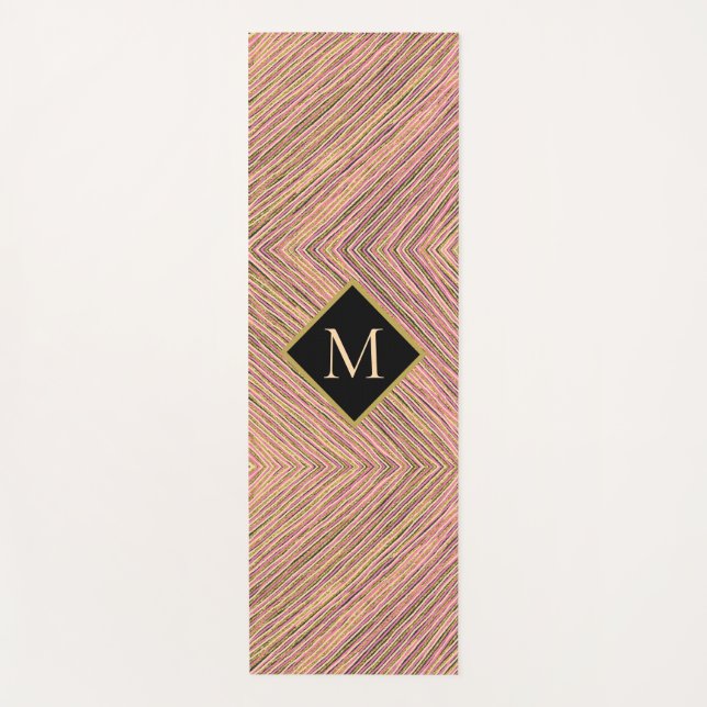 Modern Yellow Gold Glitter Monogram Stripes Yoga Mat (Front)