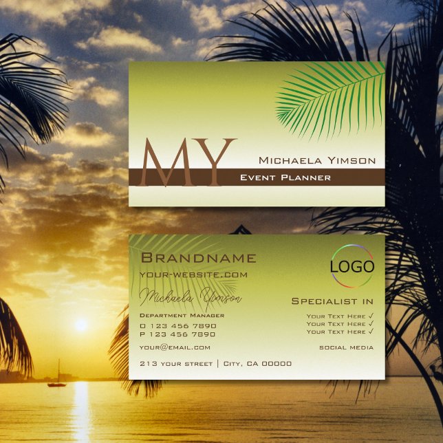 Modern Yellow Gradient Palm Leaf Monogram and Logo Business Card (Creator Uploaded)