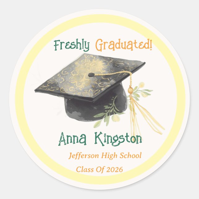 Modern Yellow Graduation  Classic Round Sticker (Front)