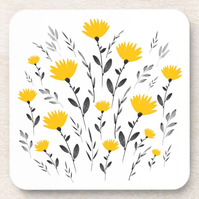 Modern Yellow Gray Watercolor Floral Motif Coaster (Front)