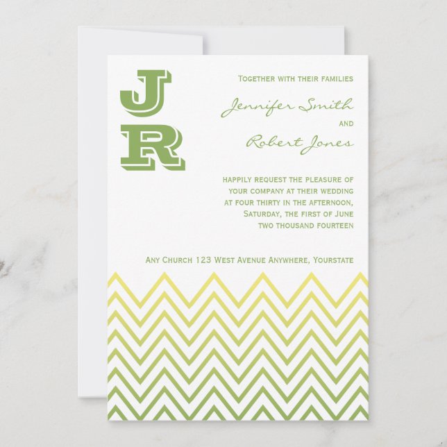 Modern Yellow Green Chevron Wedding Invitation (Front)