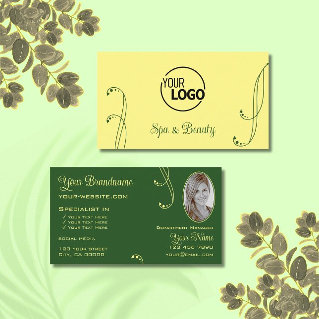 Modern Yellow Green Ornate with Logo and Photo Business Card (Creator Uploaded)
