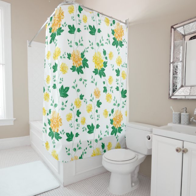 Modern Yellow Green  Watercolor Floral    Shower Curtain (In Situ)