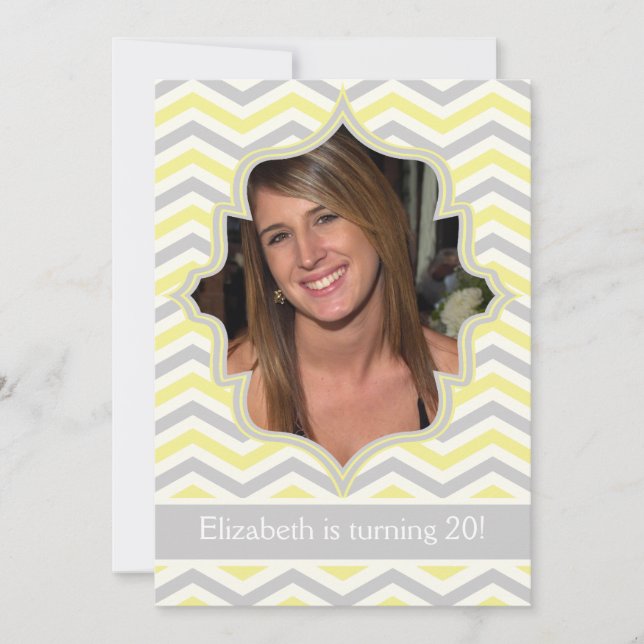 Modern yellow, grey chevron birthday photo invitation (Front)