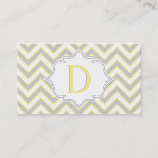 Modern yellow, grey chevron monogram personalised business card (Front)