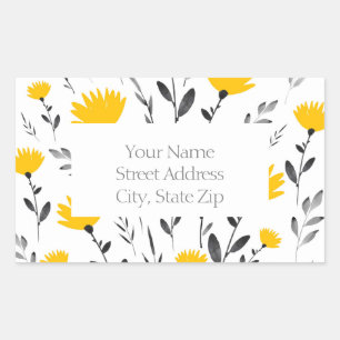 Modern Yellow, Grey Floral Motif Rectangular Sticker