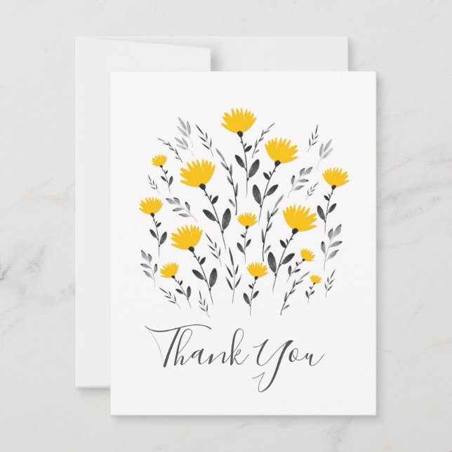 Modern Yellow Grey Floral Motif Thank You Card (Front)