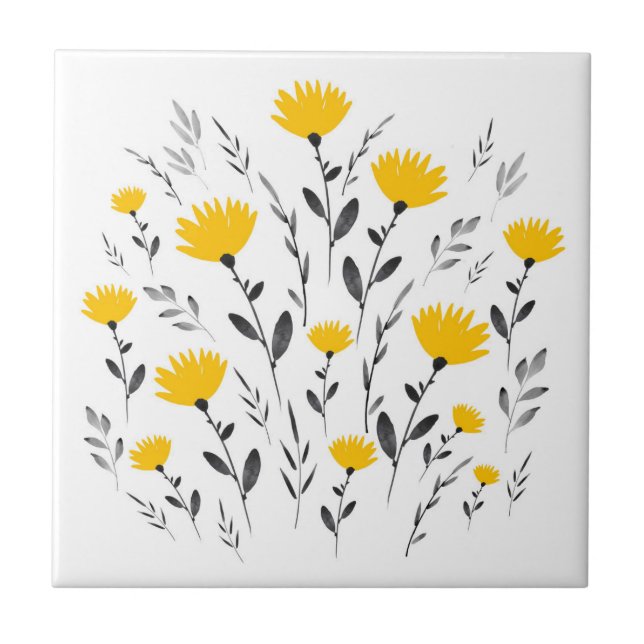 Modern Yellow Grey Floral Motif Tile (Front)