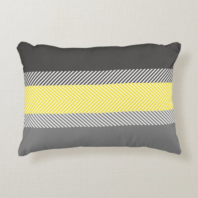Modern Yellow & Grey Geometric Stripes Pattern Decorative Cushion (Front)