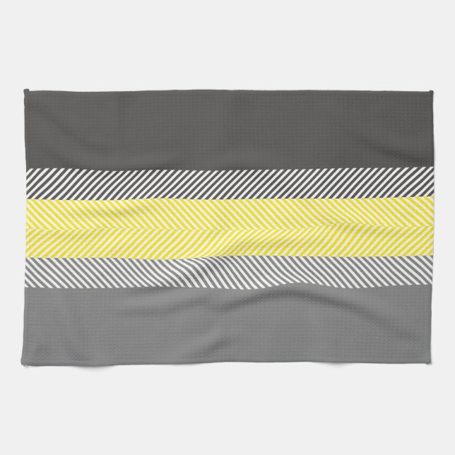 Modern Yellow & Grey Geometric Stripes Pattern Tea Towel (Horizontal)