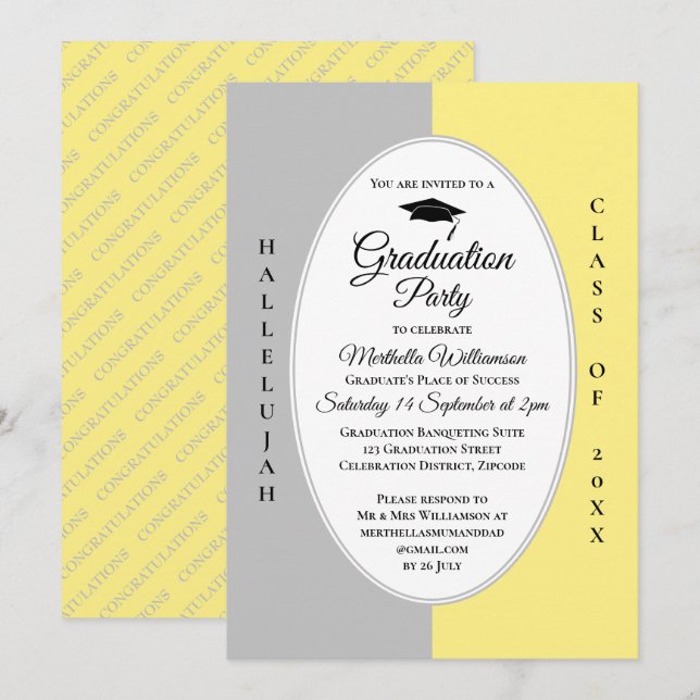 Modern Yellow Grey Hallelujah Graduation Invitation (Front/Back)