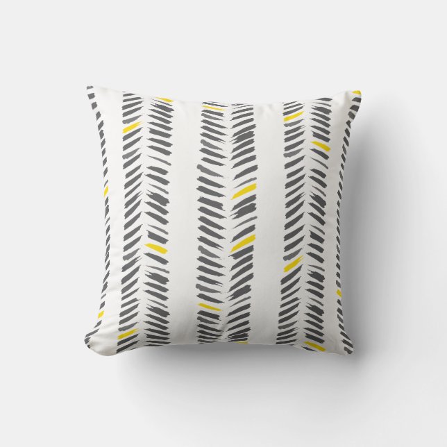 Modern Yellow Grey Herringbone Pattern Cushion (Front)