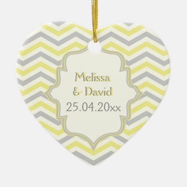 Modern yellow, grey, ivory chevron pattern custom ceramic tree decoration (Front)