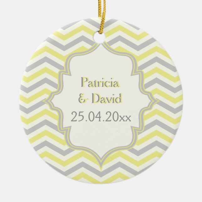 Modern yellow, grey, ivory chevron pattern custom ceramic tree decoration (Front)