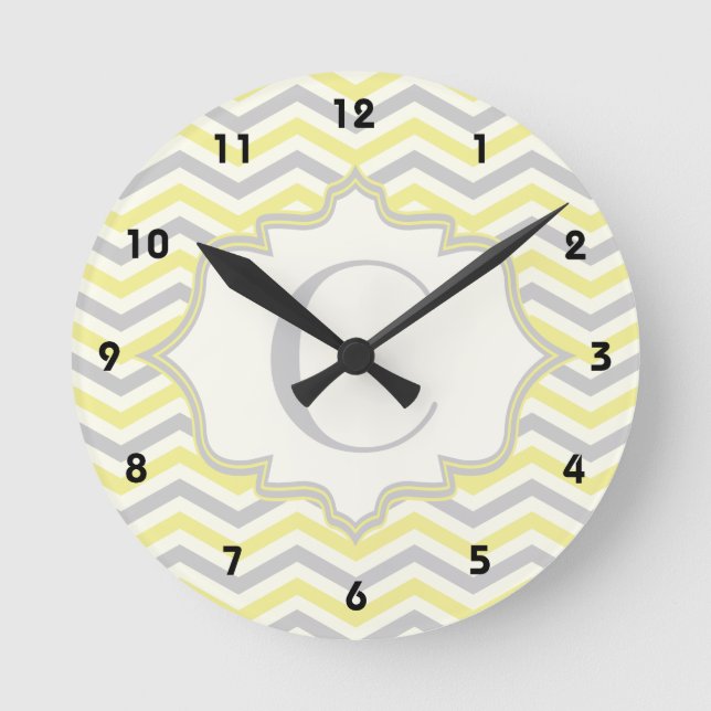 Modern yellow, grey, ivory chevron pattern custom round clock (Front)
