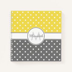 Modern Yellow Grey Polka Dot Pattern Monogram Notebook
