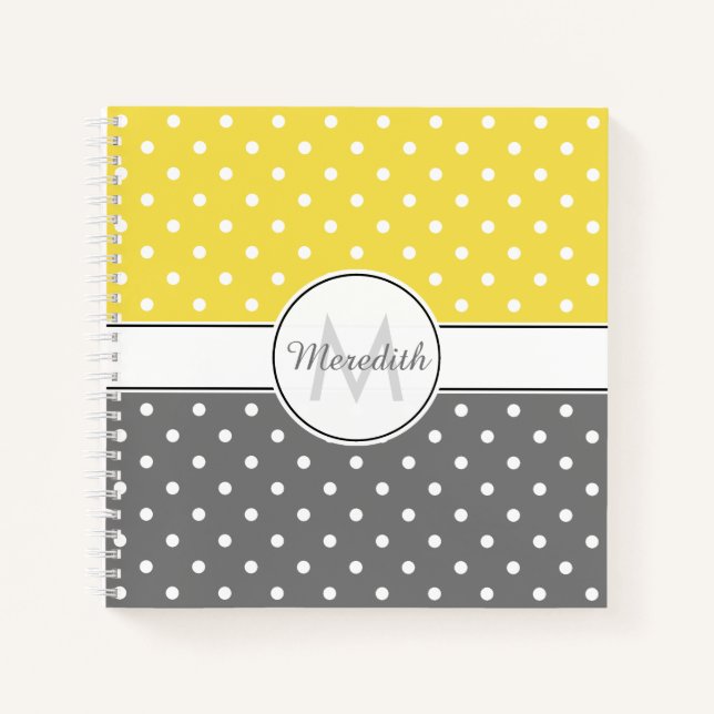 Modern Yellow Grey Polka Dot Pattern Monogram Notebook (Front)