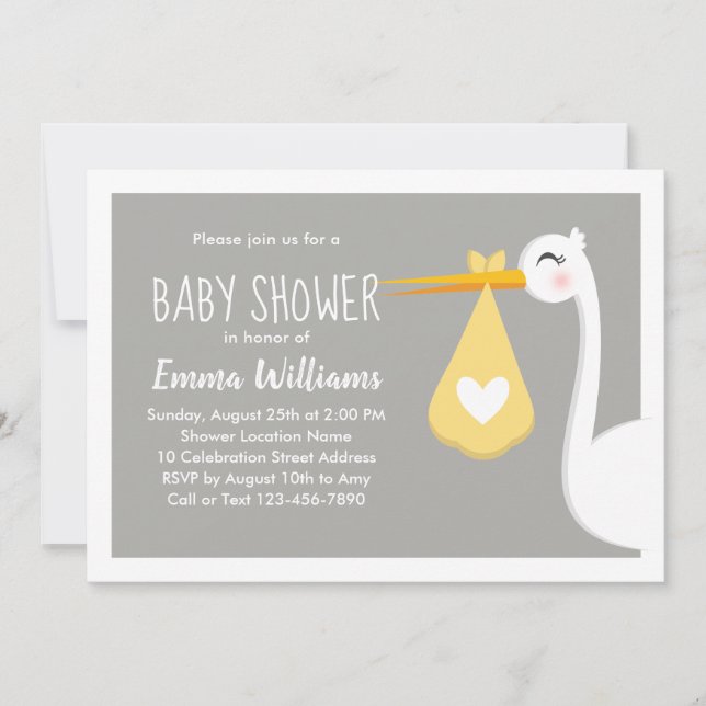 Modern Yellow Grey Stork Bird  | Cute Baby Shower Invitation (Front)