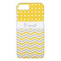 Modern yellow, grey, white chevron & polka dot