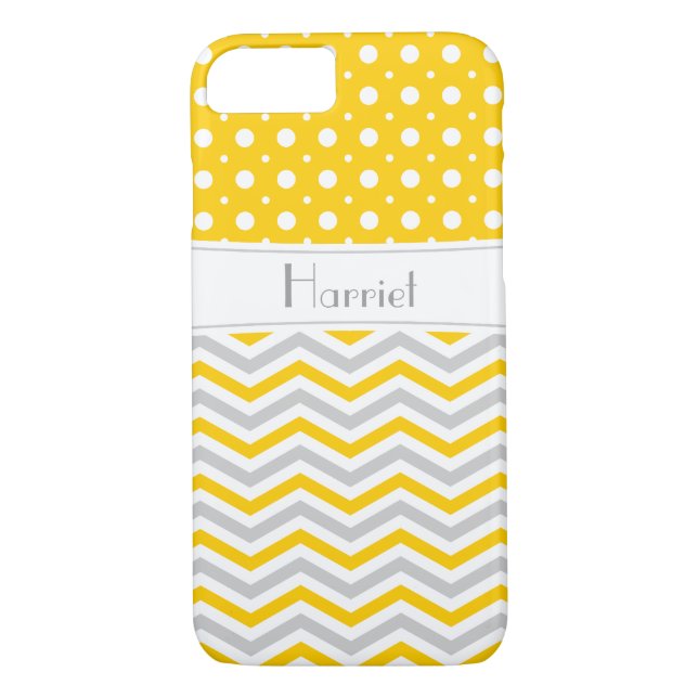 Modern yellow, grey, white chevron & polka dot Case-Mate iPhone case (Back)
