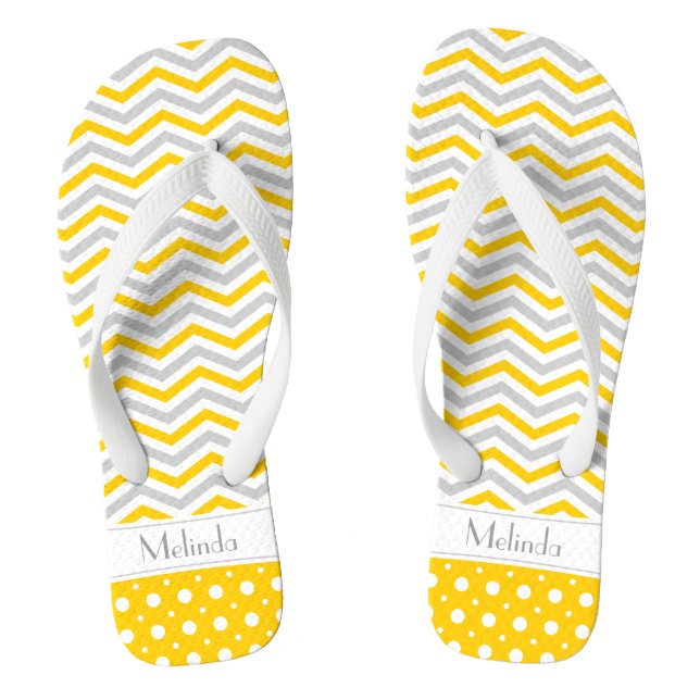 Modern yellow, grey, white chevron & polka dot flip flops (Footbed)