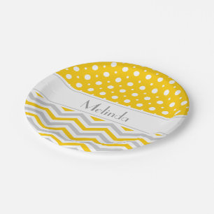 Modern yellow, grey, white chevron & polka dot paper plate