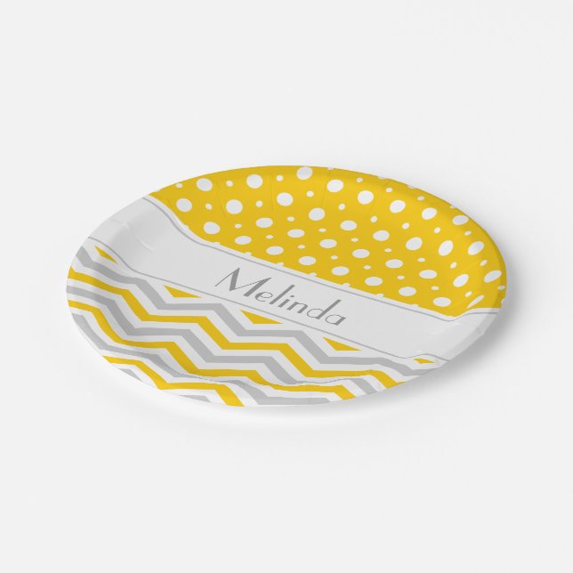 Modern yellow, grey, white chevron & polka dot paper plate (Angled)
