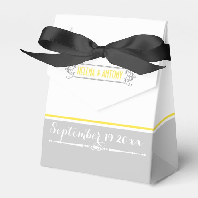 Modern yellow, grey, white vintage wedding favour box (Front Side)