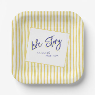 Modern Yellow Hand Written Pinstripe Italy Wedding Paper Plate
